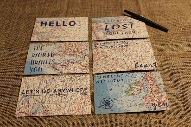 Vintage Map Notecards with Inspirational Quote Set of 6 Map Postcard Map Stationery image 3