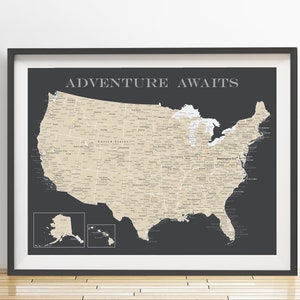 Carte détaillée des États-Unis avec punaises (impression uniquement), carte très détaillée avec épingles, carte de voyage, planche de voyage, affiche de carte, mariage - cadeau d'anniversaire #USA-015