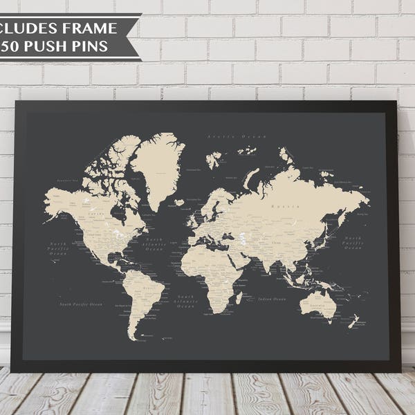 World Push Pin Map with Frame & 50 Push Pins, Travel Map, Map Poster, Travel Board, Wedding - Anniversary Gift, Fathers Day Gift