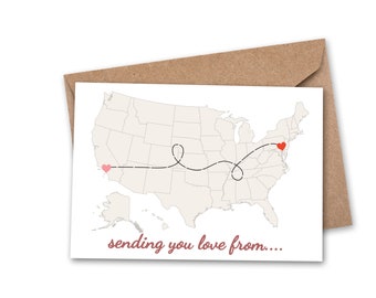 Sending Love From - DIY Heart Sticker, Long Distance Map Card, State to State, Travel Card, Love Card, Custom Card, Blank Card, USA GC-007