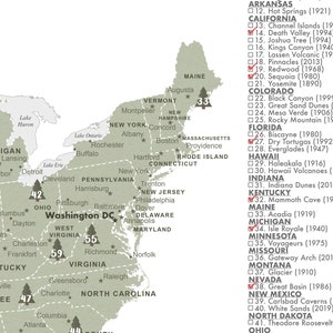 May include: A map of the United States with a list of national parks and their founding dates. The map is color-coded by state and includes a star to mark the location of each park.