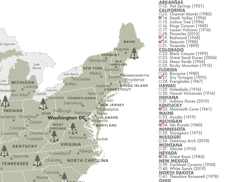 May include: A map of the United States with a list of national parks and their founding dates. The map is color-coded by state and includes a star to mark the location of each park.