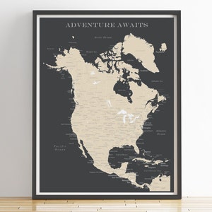 North America Push Pin Map Print Only, Canada Map, Mexico Map, Travel Map, Map Poster, Travel Board, Wedding Anniversary Gift image 1