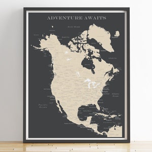 Nord-Amerika Landkarte (nur Print), Kanada Landkarte, Mexiko Landkarte, Reisekarte, Reisetafel, Geschenk für Hochzeit, Jahrestag