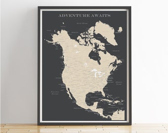 North America Push Pin Map (Print Only), Canada Map, Mexico Map, Travel Map, Map Poster, Travel Board, Wedding - Anniversary Gift