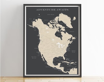 North America Push Pin Map (Print Only), Canada Map, Mexico Map, Travel Map, Map Poster, Travel Board, Wedding - Anniversary Gift