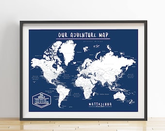 Personalized World Push Pin Map (Print Only), Travel Map, Map Poster, Travel Board, Navy Color, Wedding - Anniversary Gift  #World-004