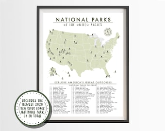 Mapa de Parques Nacionales de los Estados Unidos - Lista de verificación de 63 parques - Parques Nacionales Americanos - Mapa al aire libre - Mapa de senderismo - Mapa de aventuras - USA-012