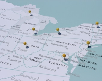 Mapa de EE. UU. con chinchetas (solo impresión), Mapa "La aventura te espera", Mapa de viaje, Tablero de viaje, Póster de mapa, Regalo de boda o aniversario - #USA-002