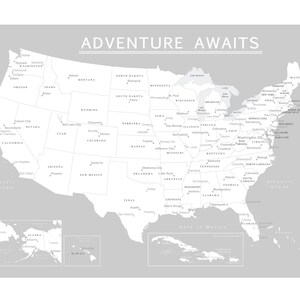 May include: A grayscale map of the United States with state names and major cities labeled. The words "ADVENTURE AWAITS" are printed at the top. Includes insets of Alaska, Hawaii, and the Caribbean islands.
