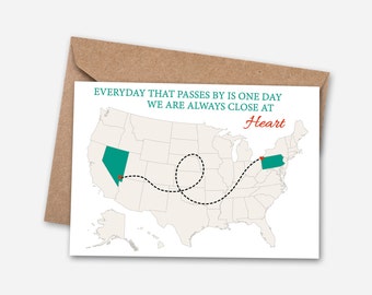 I Miss You - Long Distance Map Card, State to State, Travel Card, Love Card, USA Card, Custom Card, Blank Card, USA Card-001