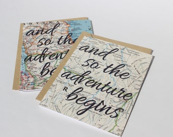 Vintage Map Greeting Card - And So The Adventure Begins, Motivational Card, Travel Card, Love Card, Globe Card, Adventure Card, Blank