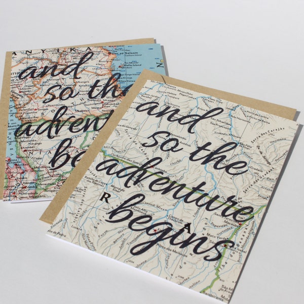 Vintage Map Greeting Card - And So The Adventure Begins, Motivational Card, Travel Card, Love Card, Globe Card, Adventure Card, Blank