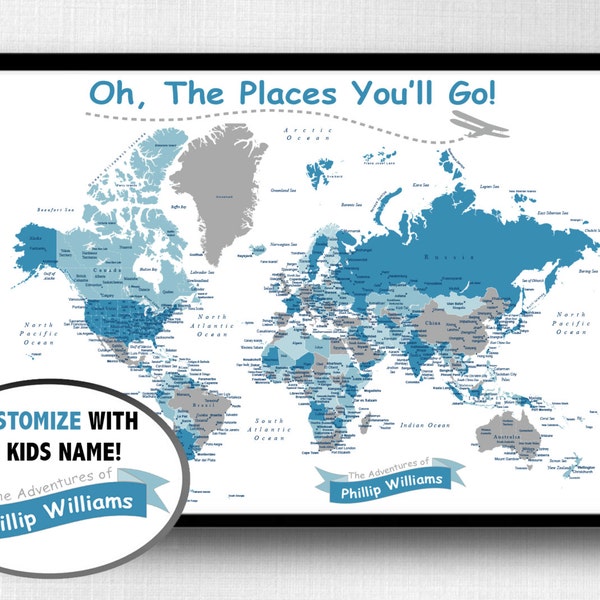 Children's World Push Pin Map (Print Only), Oh The Places You'll Go, Travel Board, Nursery Map, Kids Room Decor Travel Map, #World-006