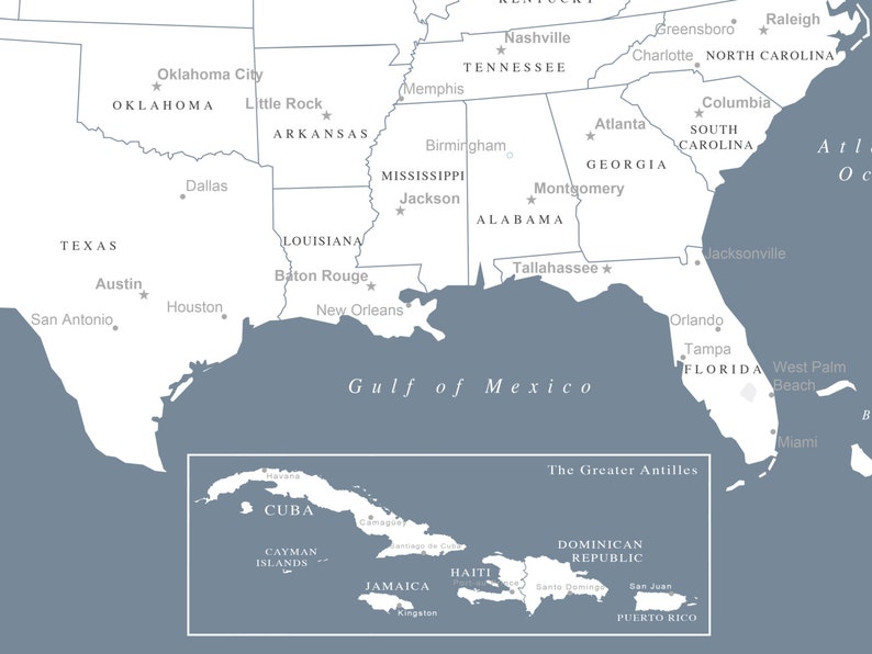 Puede incluir: Un mapa de los Estados Unidos que muestra los estados y las principales ciudades. El mapa tambi&eacute;n incluye una vista ampliada de las islas del Caribe, incluidas Cuba, Jamaica, Hait&iacute; y Puerto Rico.