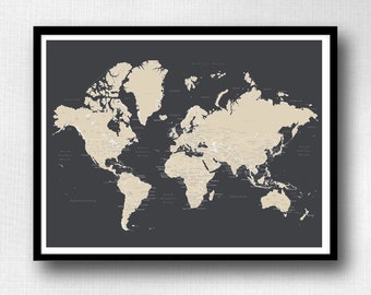 May include: A beige world map with country names and borders printed on a dark gray background. The map is framed in a black frame.