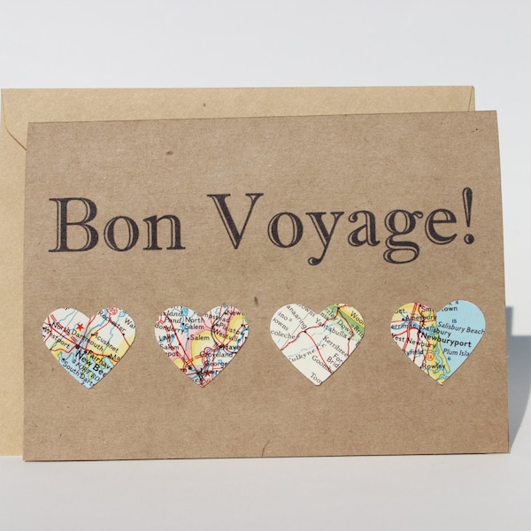 Bon Voyage Card - Going Away Card - Vintage Map Card - Travel Card - Map Hearts - Map Card - Kraft Card