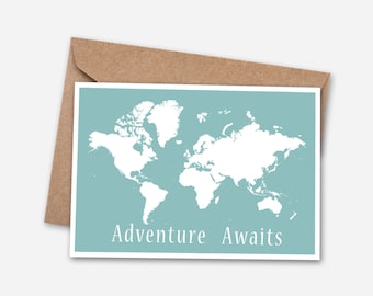 Adventure Awaits Greeting Card, Travel Card, Typography Card, Globe Card, World Map Card, Adventure Card,