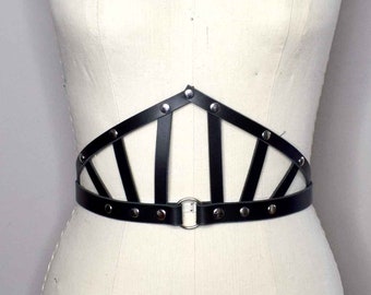 Suzy Black Leather Wide Harness Belt made from Smooth Black leather, Waist cincher and corset belt inspired with silver hardware