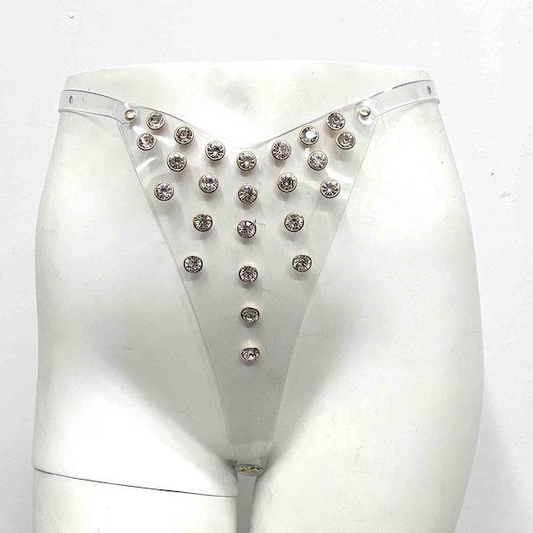 Tina Clear PVC Rhinestone High Cut Thong, Ropa interior de mujer, Moda de festival, Traje burlesco, Moda Burning Man, Bikini transparente