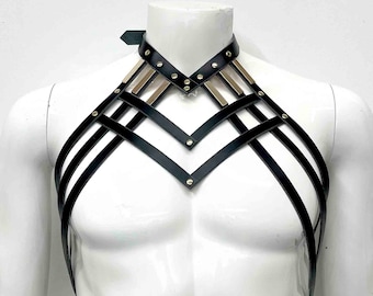 Diedre Draped Leather Neck Harness, Strappy Body Chest Belts, Men's Art Deco Harness, Burning Man Festival Rave Fashion, Gothic Belt Collar