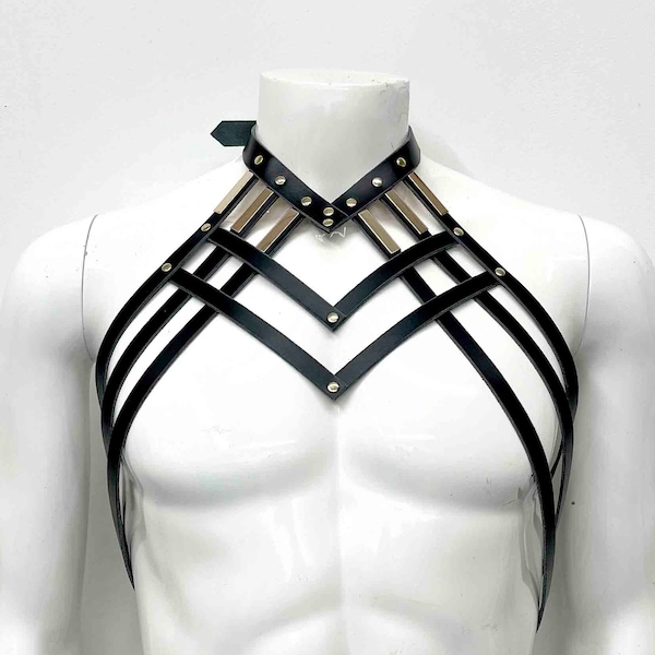 Diedre Draped Leather Neck Harness, Strappy Body Chest Belts, Men's Art Deco Harness, Burning Man Festival Rave Fashion, Gothic Belt Collar