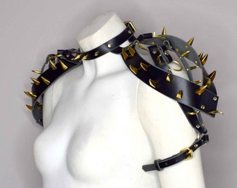 The All Devouring Spiked Leather Shoulder Harness, Black Epaulette, Genuine Leather, Spiked Shoulder Pads, Cosplay Accessory, Burning Man