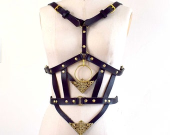 God Killer Black Leather Body Harness, Black Body Cage, Strappy Harness, Nouveau Goth, Open Cup Bra, Cut Out Leather Top, Burning Man, Domme