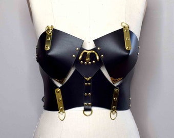 Mantis Leather Bustier Harness, Strapless Leather Corset Waist Cincher with Bra Cups and Gold Hardware Accents