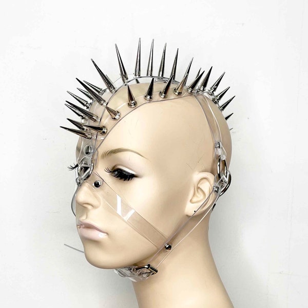 Andromeda Spiked Clear PVC Headdress Mask, Punk Rock Mask, Silver Spike Headpiece, Vinyl Crown, Burning Man Fashion