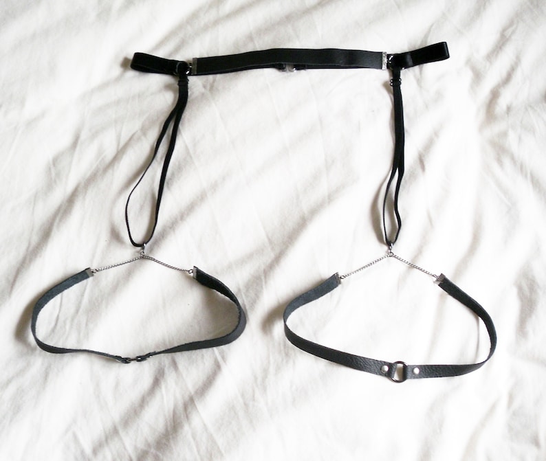 Black Leather Frame Garter Belt Elastic and Chain Cage Etsy