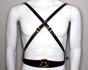 Vanya Convertible Simple Leather Harness Panty and Top, Black or Burgundy Leather Harness, Chest Harness, Body Harness with Gold Hardware