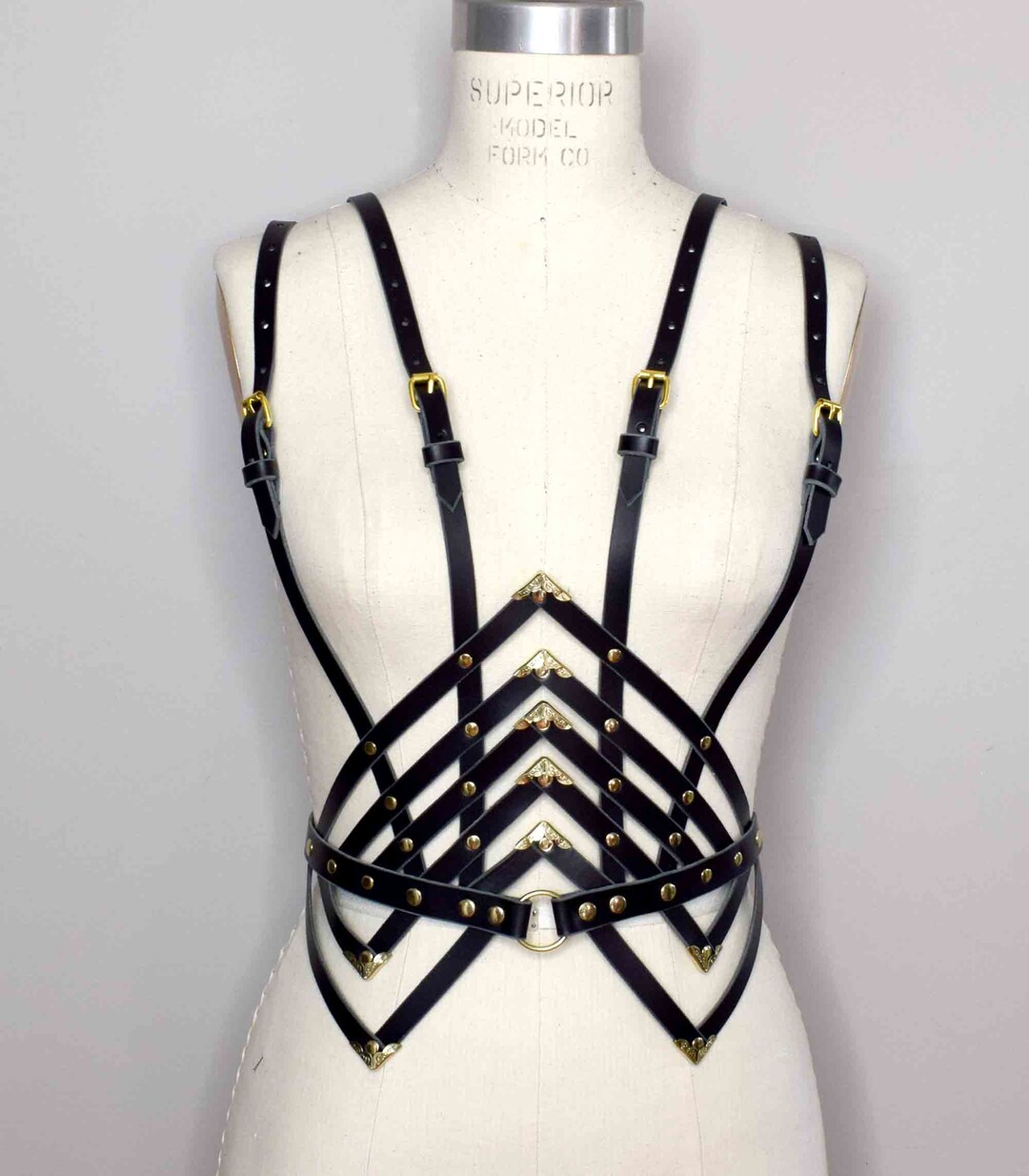Diamanté Black Leather Waist Harness, Black Body Cage, Strappy