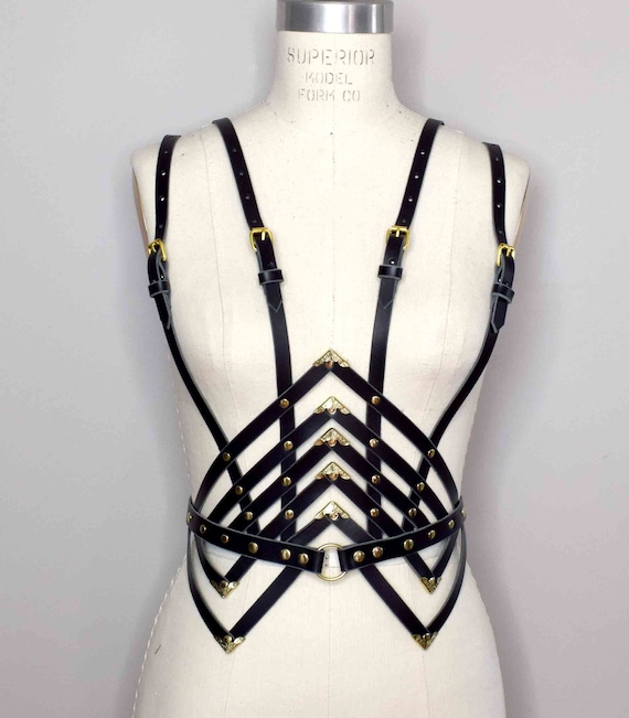 Diamanté Black Leather Waist Harness, Black Body Cage  display picture 3