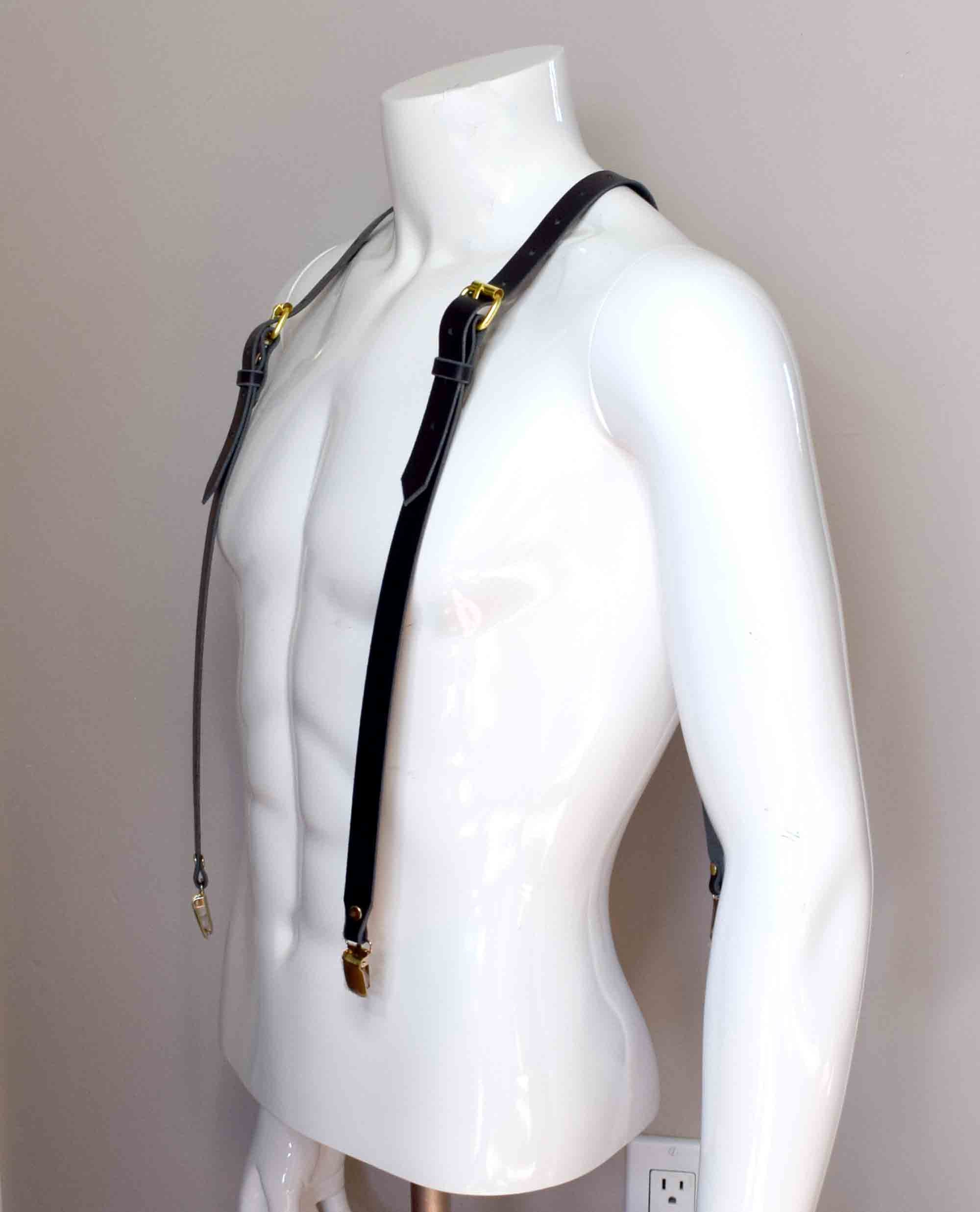 Vanity Black heren lederen bretels Art Deco geïnspireerde stijl Accessoires Riemen & bretels Bretels X-back broek bretels met gouden clips en verstelbare gesp voorbanden 