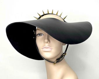 Delia Wide Brim Floppy Leather Hat, Black Sun Hat, Dramatic Gothic Visor, Leather Chapeau, Burlesque Headpiece, Spike Head Crown