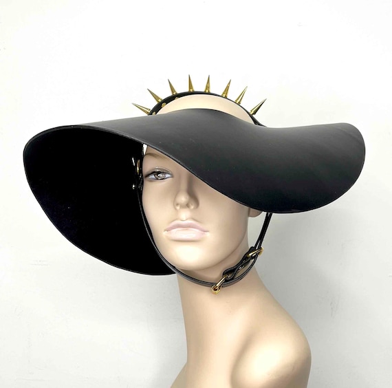 Delia Wide Brim Floppy Leather Hat, Black Sun Hat, Dramatic Gothic Visor, Leather Chapeau, Burlesque Headpiece, Spike Head Crown