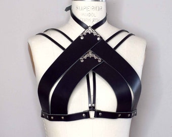 Song High Neck Leather Bra with Strappy Harness Details, Silver Hardware, Sexy Cut Out and Adjustable Straps