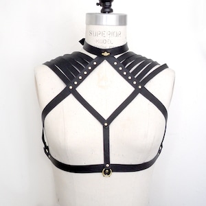 Aisling Leather Shoulder Harness Bra made from Soft Leather with High Neck Collar Detail, Strappy Shoulders and Gold Hardware, Pastel Pink
