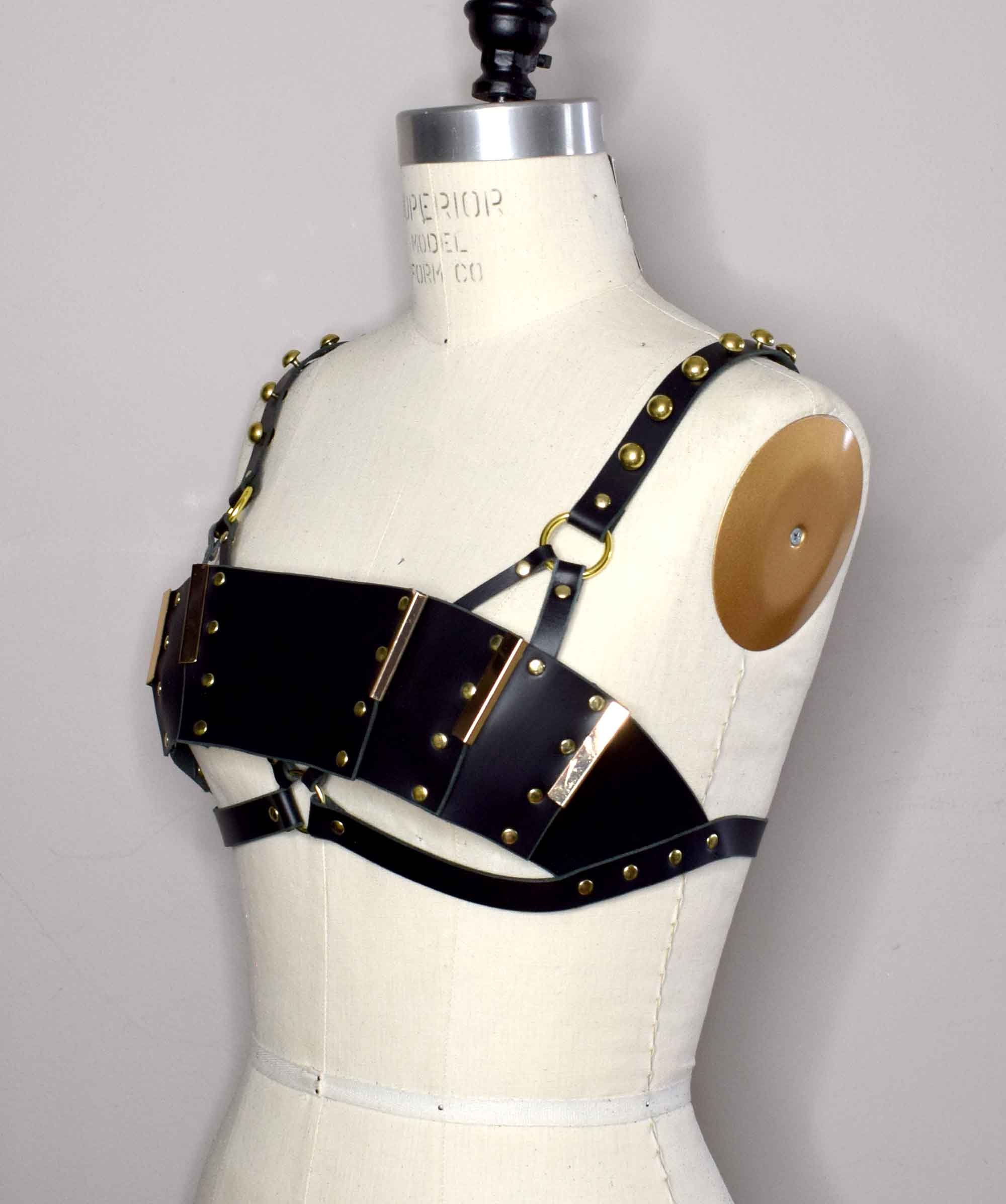Morgana Paneled Leather Bra Top With Bandeau Style, Harness Straps and Gold  Bar Details -  New Zealand