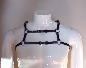 Mono Leather Chest Harness w Double Strap Detail, Buckled Shoulder Straps and O Rings, Unisex Harness Accessory