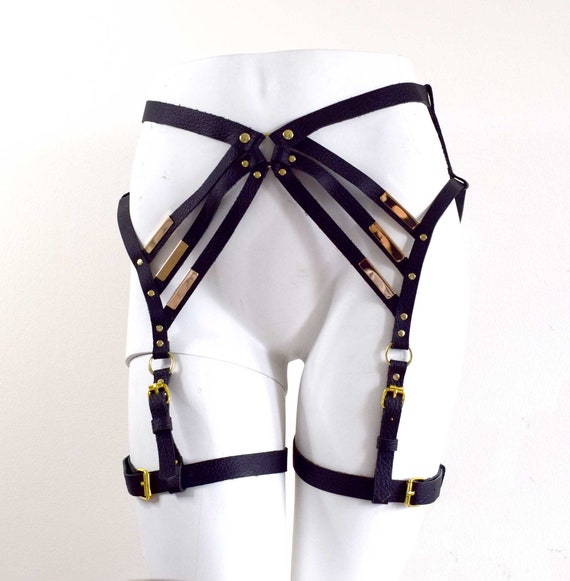 Diedre Strappy Leather Leg Harness, Black Leg Belts, Gothic