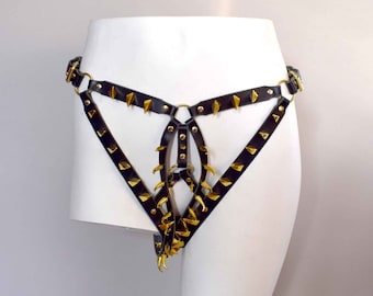 The All Devouring Spiked Leather Panty, Sexy Spike Leather Harness with Adjustable Buckles and Gold Hardware, Crotchless BDSM Style