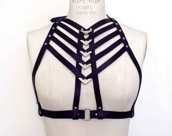 Tui High Neck Leather Harness Bra, Leather Harness, Fetish Lingerie, Gothic Burlesque, Dominatrix Bra, Sexy Cupless Bra, Black Body Cage