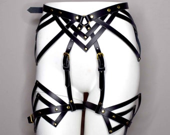 Vesta Black Leather Leg Harness with Triangle Detailing and Attached Leg Garter Belts