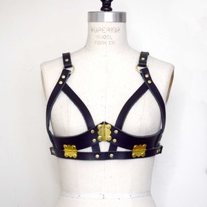God Killer Black Leather Harness Shelf Bra, Cupless Bra, Women’s Lingerie, Gothic Burlesque, Harness Bralette, Body Cage