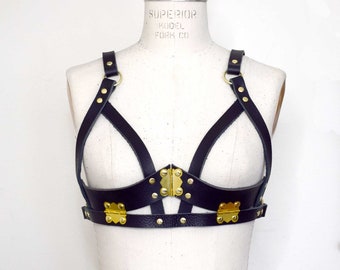 God Killer Black Leather Harness Shelf Bra, Cupless Bra, Women’s Lingerie, Gothic Burlesque, Harness Bralette, Body Cage