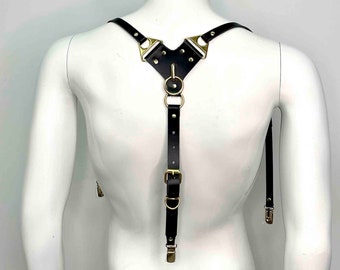 Rowan Slim Y-Back Leather Suspenders, X-back Pants Suspenders with Gold Clips and Adjustable Buckled Front Straps, Art Deco Inspired Style