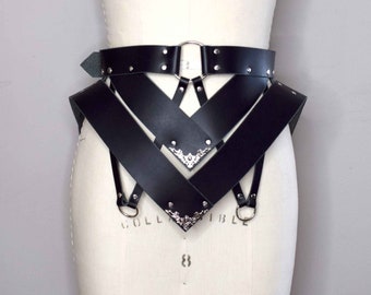 Song Leather Peplum Belt with Wide Waistband, Dramatic Hip Flare, Strappy Harness Details and Adjustable Size, Perfect for Burning Man