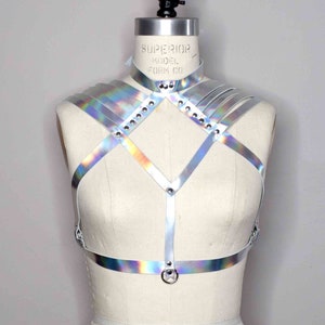 Aisling Leather Shoulder Harness Bra made from Soft Holographic Silver Leather with High Neck Collar Detail, Strappy Shoulders